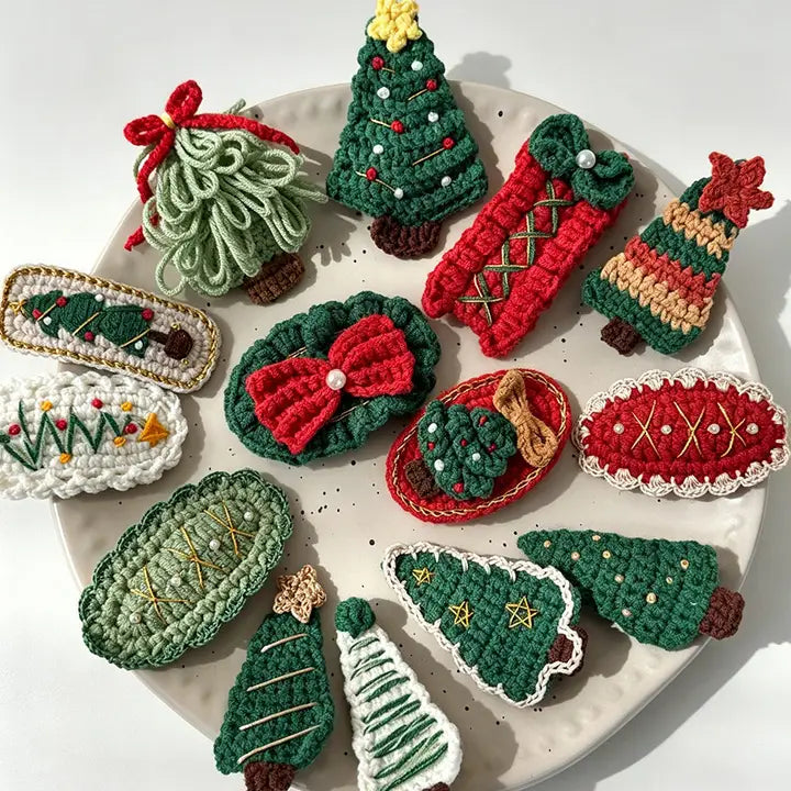 Handmade Crochet Christmas Tree No Crease Hair Clip