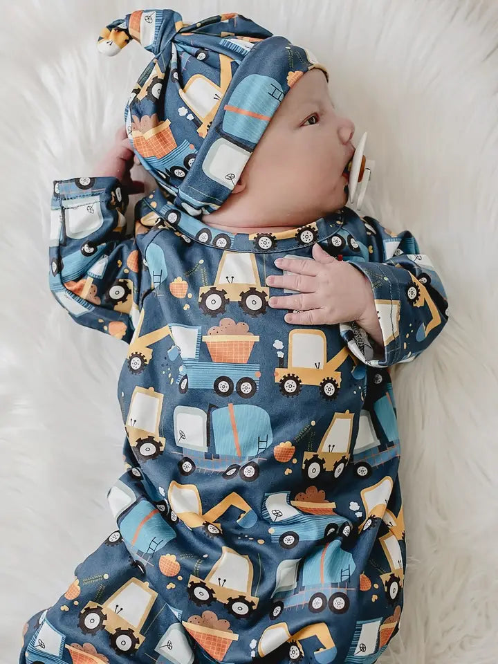 Infant Boys Truck Baby Gown and Hat Set