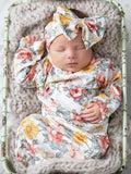 Infant Girls Botanical Ecru Baby Gown and Bow Headband Set