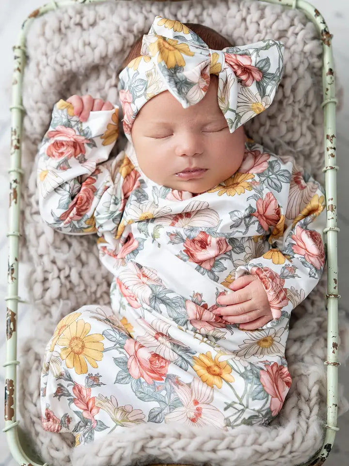 Infant Girls Botanical Ecru Baby Gown and Bow Headband Set