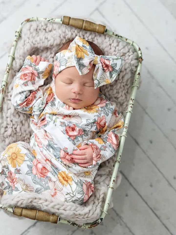 Infant Girls Botanical Ecru Baby Gown and Bow Headband Set
