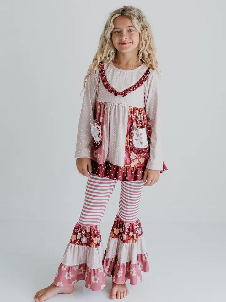 Kids Beige Heart Floral Pocket Bell Bottom Ruffle Pant Set