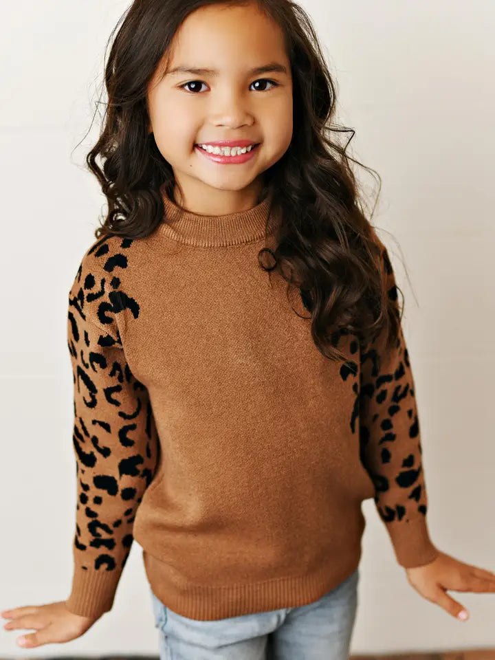 Kids Brown Leopard Print Crew Neck Fall Winter Sweater