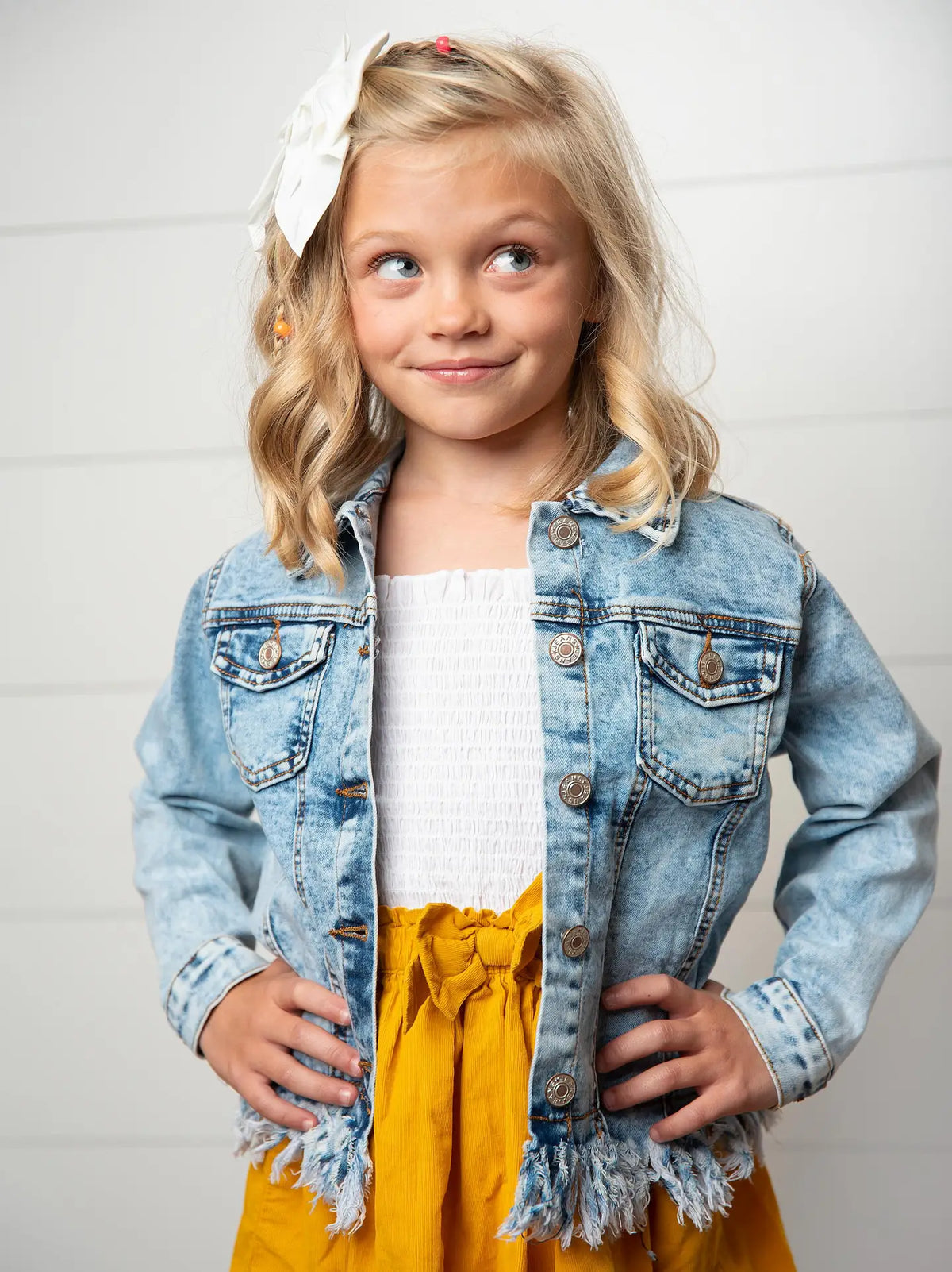 Kids Light Wash Faded Denim Fringe Winter Button Jacket