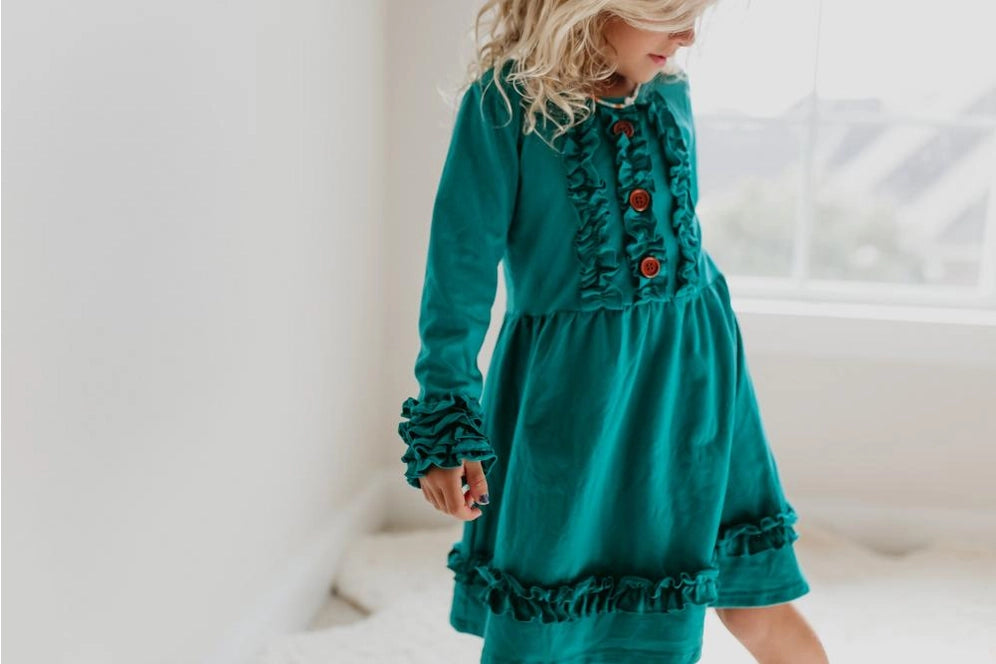 Kids Long Sleeve Dark Teal Ruffle Button Fall Winter Dress