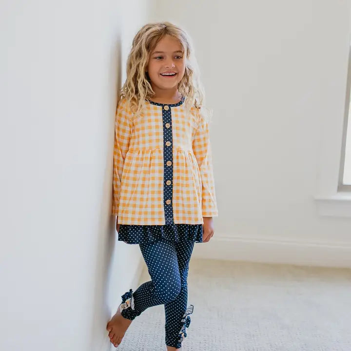 Kids Navy & Mustard Gingham Check Button Pocket Pant Set