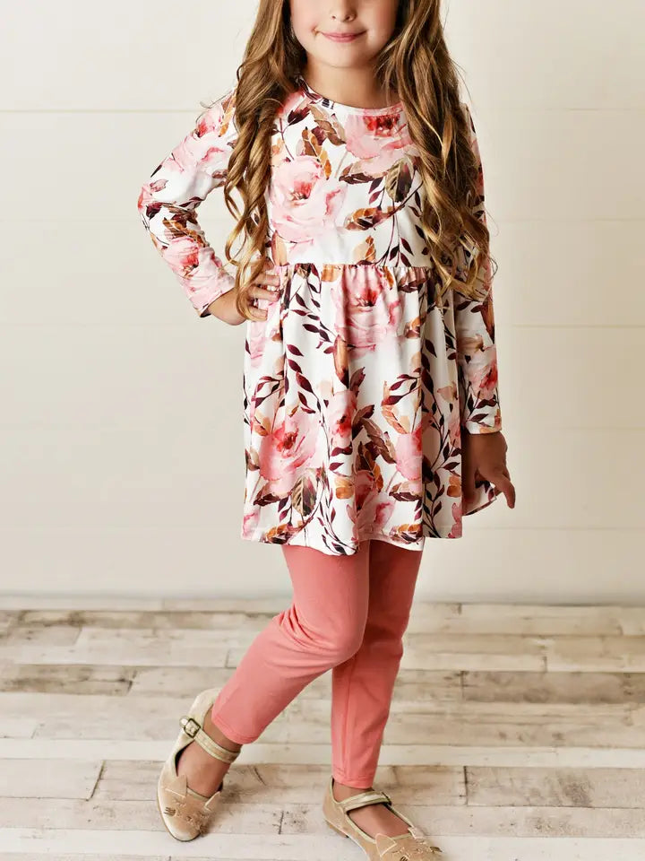 Kids Rose Coral Floral Long Sleeve Winter Pants Set