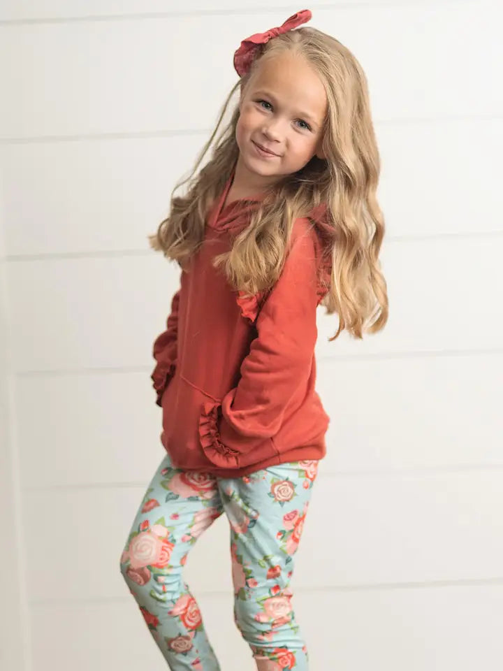 Kids Rust Pocket Ruffle Hoodie Shirt & Leggings Fall Set
