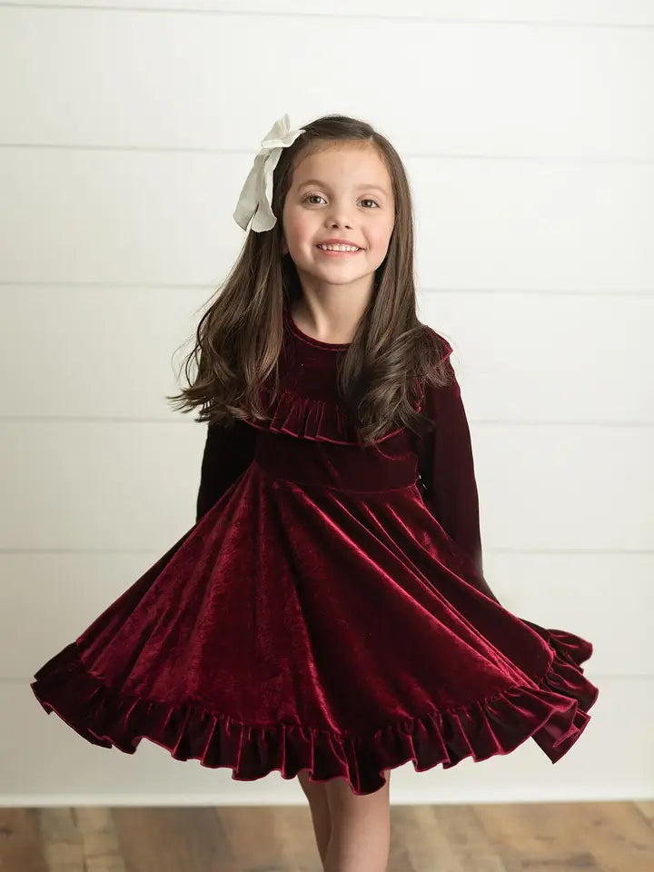 Kids Wine Velvet Ruffle Fancy Winter Christmas Holiday Dress