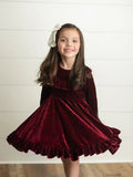 Kids Wine Velvet Ruffle Fancy Winter Christmas Holiday Dress