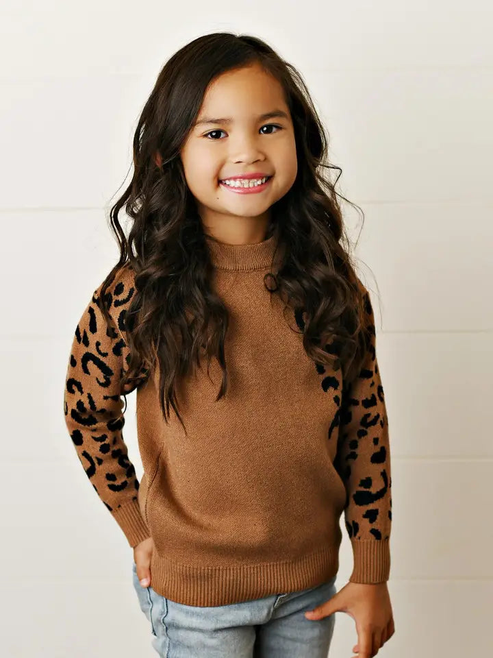 Kids Brown Leopard Print Crew Neck Fall Winter Sweater