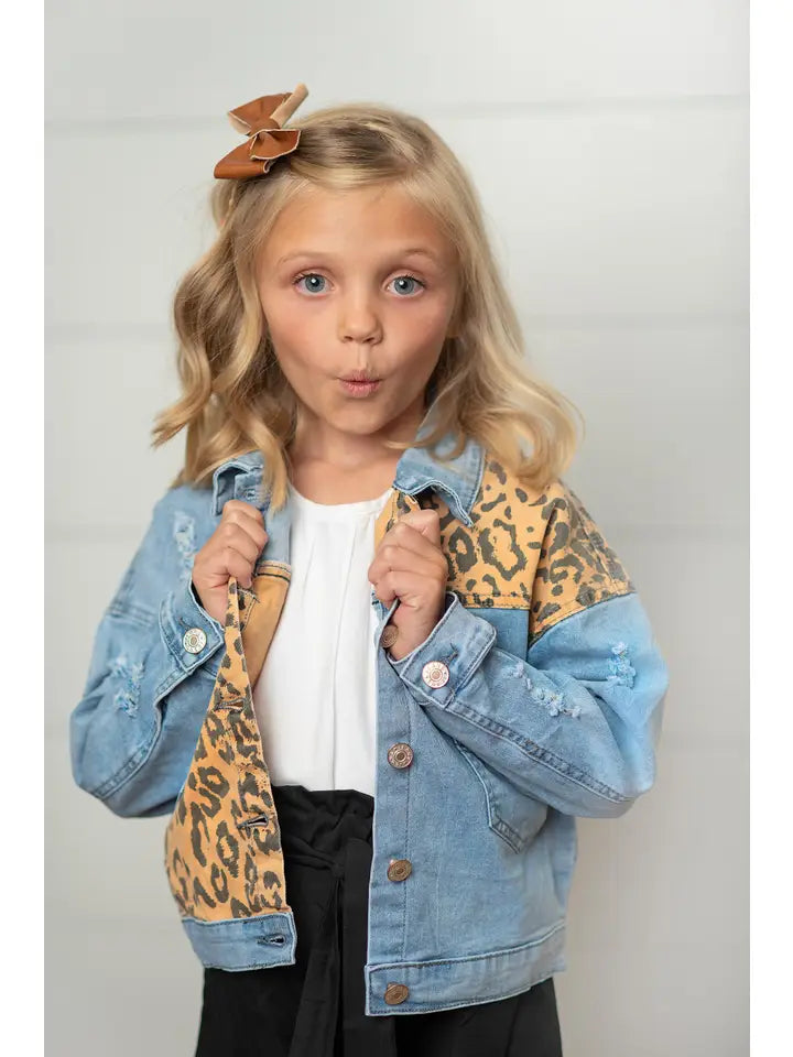 Kids Leopard Patch & Light Wash Denim Button Pocket Jacket