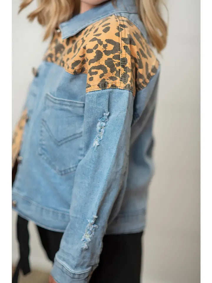 Kids Leopard Patch & Light Wash Denim Button Pocket Jacket