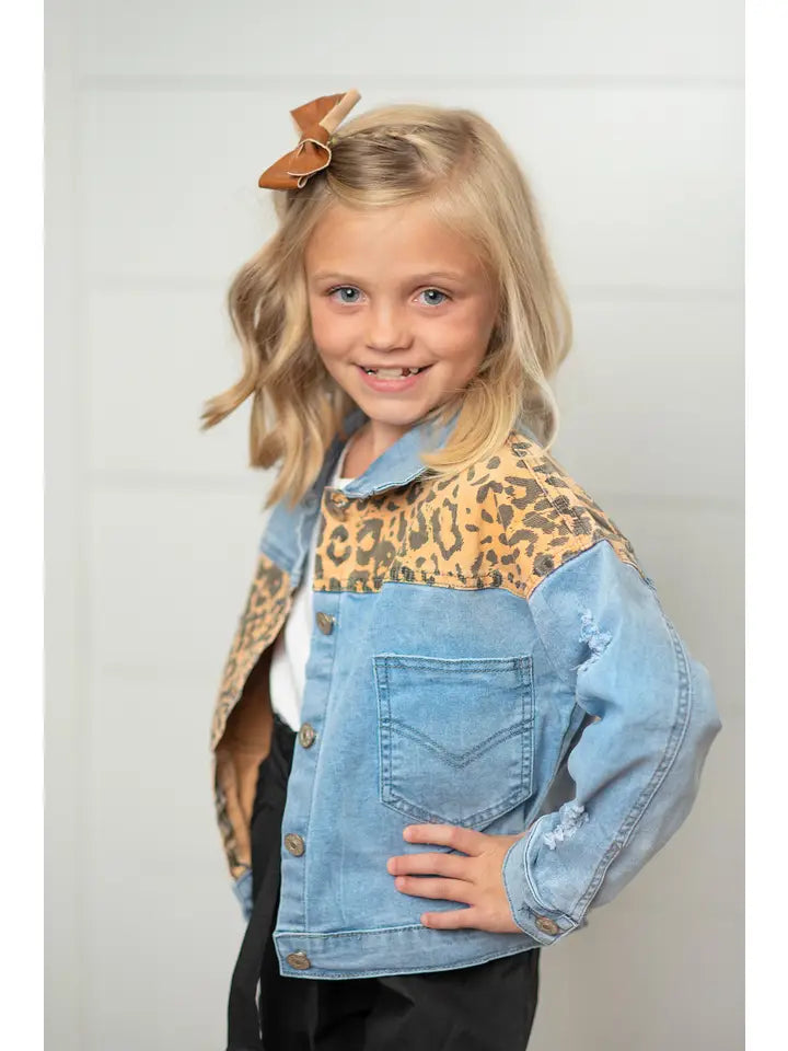 Kids Leopard Patch & Light Wash Denim Button Pocket Jacket