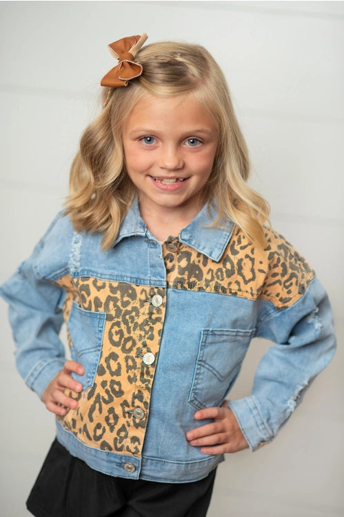 Kids Leopard Patch & Light Wash Denim Button Pocket Jacket