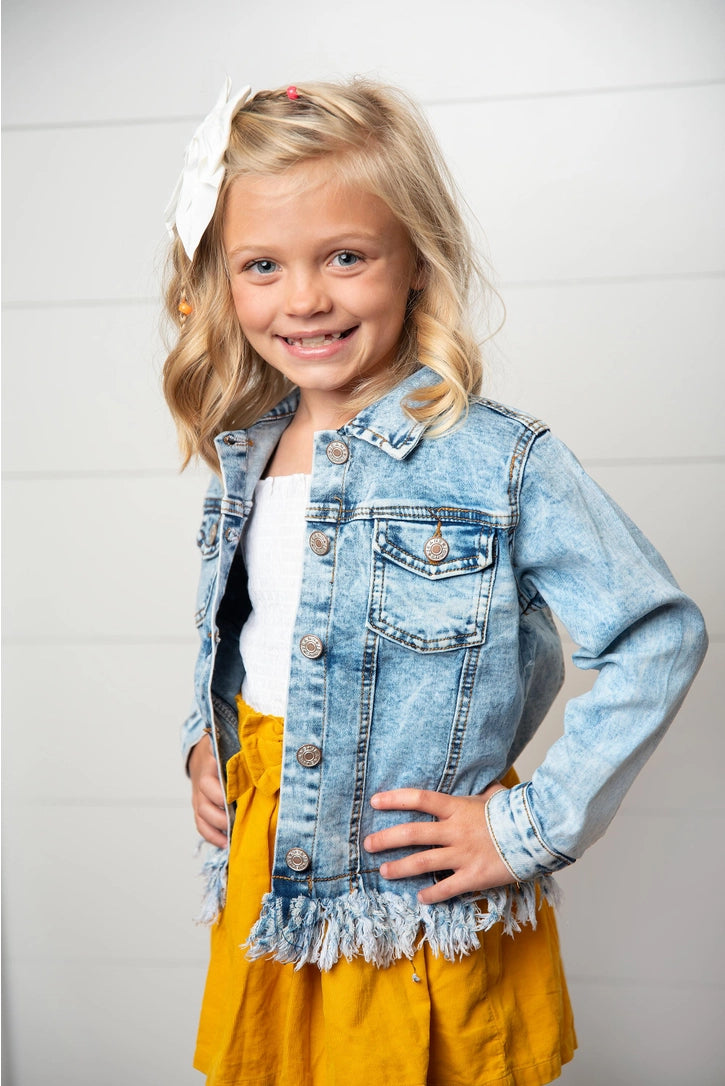 Kids Light Wash Faded Denim Fringe Winter Button Jacket