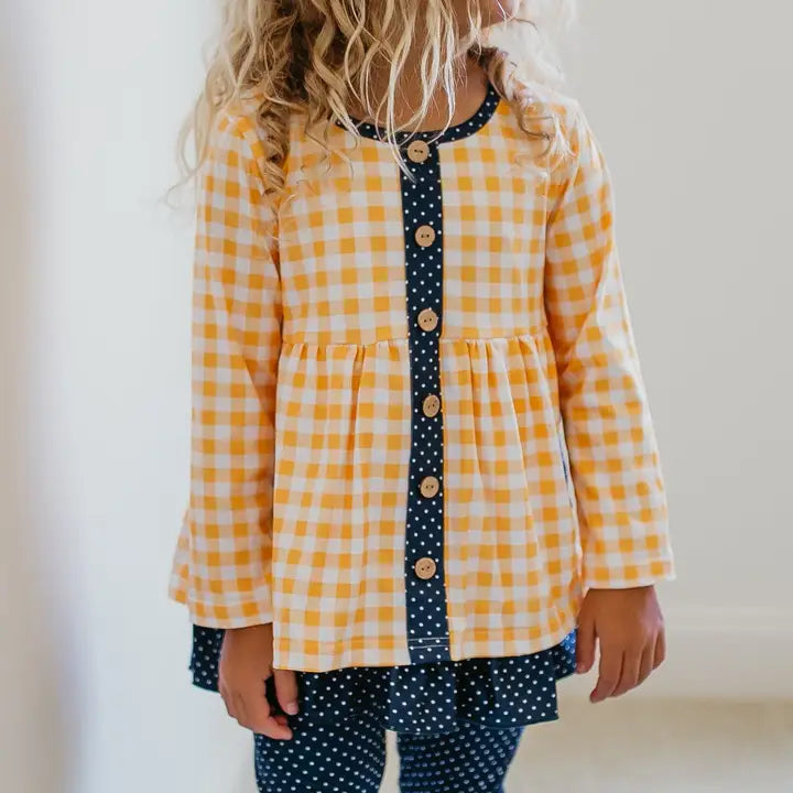 Kids Navy & Mustard Gingham Check Button Pocket Pant Set
