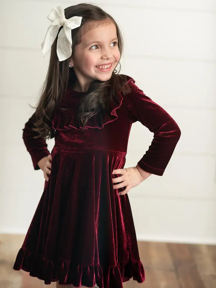 Kids Wine Velvet Ruffle Fancy Winter Christmas Holiday Dress