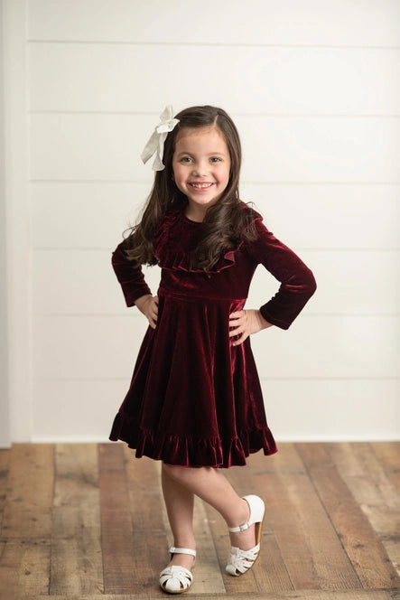 Kids Wine Velvet Ruffle Fancy Winter Christmas Holiday Dress