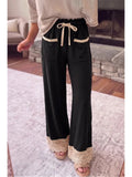 Lace Trim Wide Leg High Waist Drawstring Ribbed Knit Pants