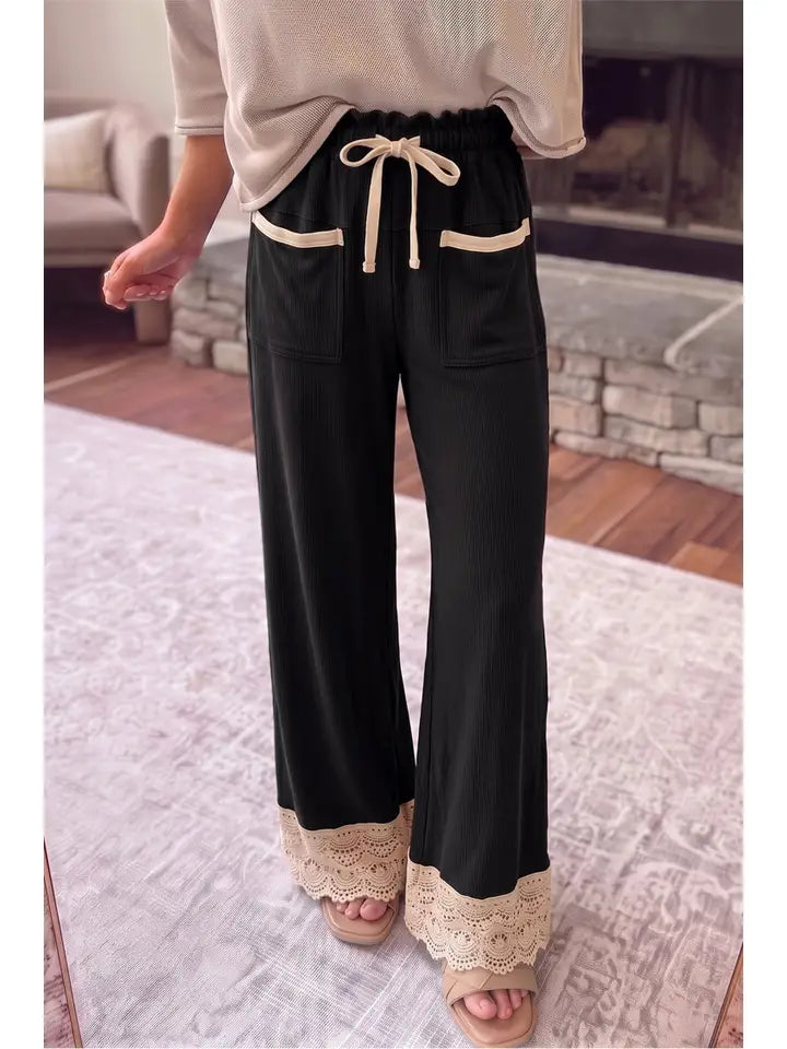 Lace Trim Wide Leg High Waist Drawstring Ribbed Knit Pants