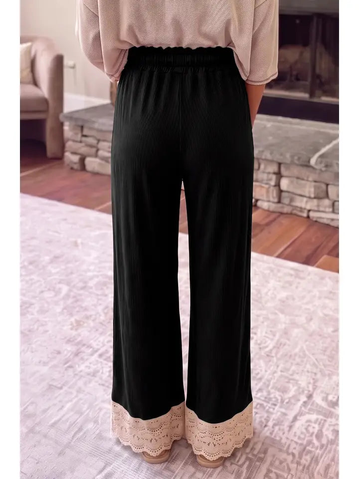Lace Trim Wide Leg High Waist Drawstring Ribbed Knit Pants