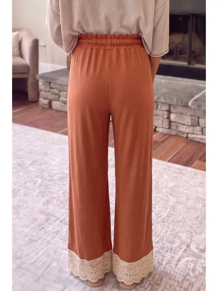 Lace Trim Wide Leg High Waist Drawstring Ribbed Knit Pants