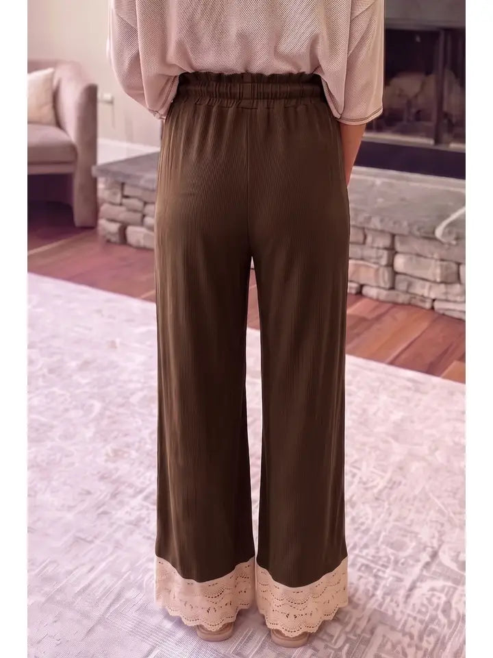 Lace Trim Wide Leg High Waist Drawstring Ribbed Knit Pants