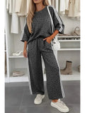 Leopard Print Varsity Striped Detail 3/4 Sleeve Top Pant Set