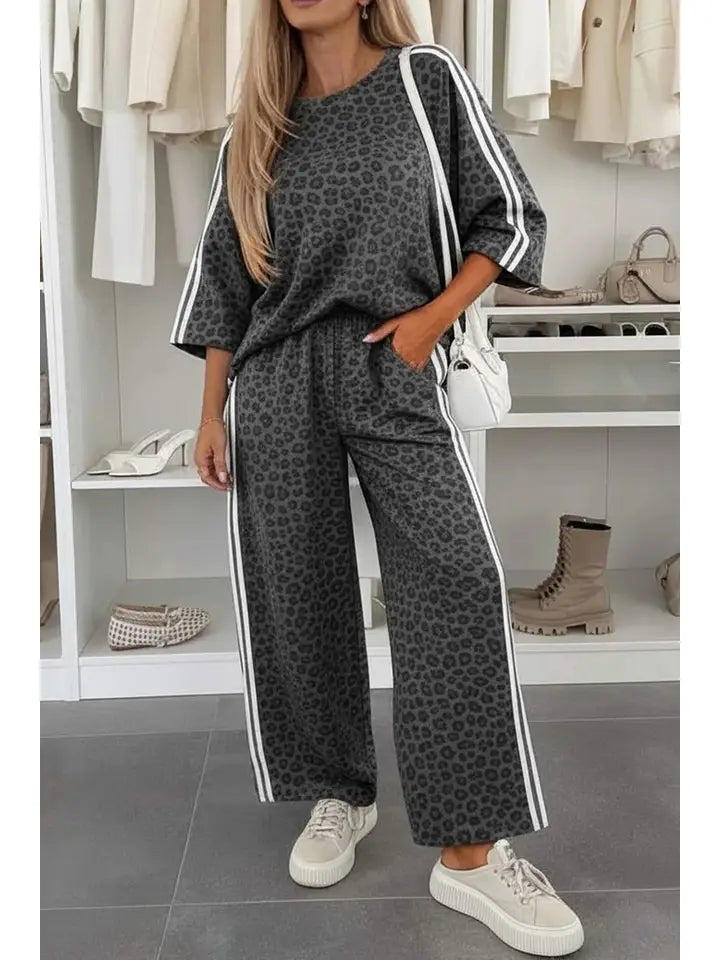 Leopard Print Varsity Striped Detail 3/4 Sleeve Top Pant Set