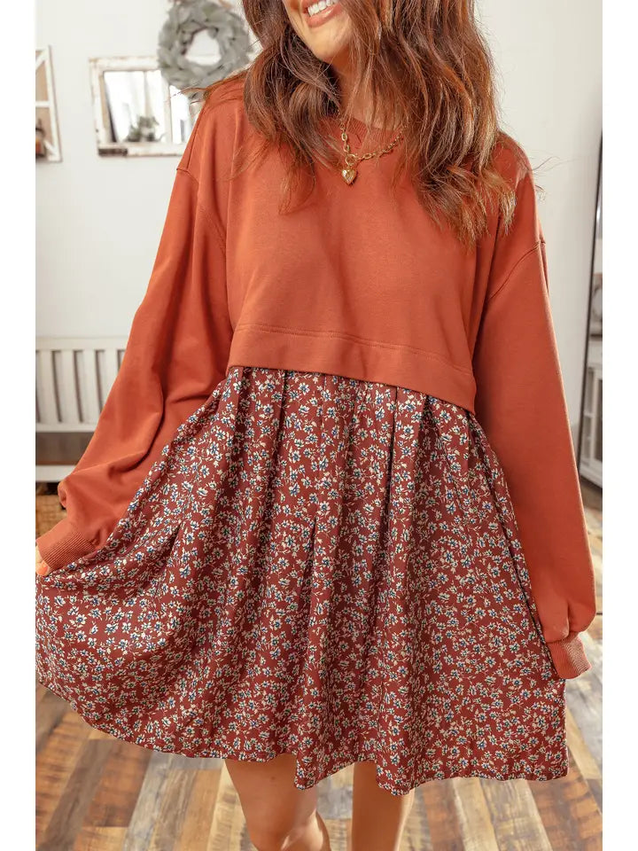 Long Sleeve Top Patchwork Floral Flared 2-in-1 Mini Dress