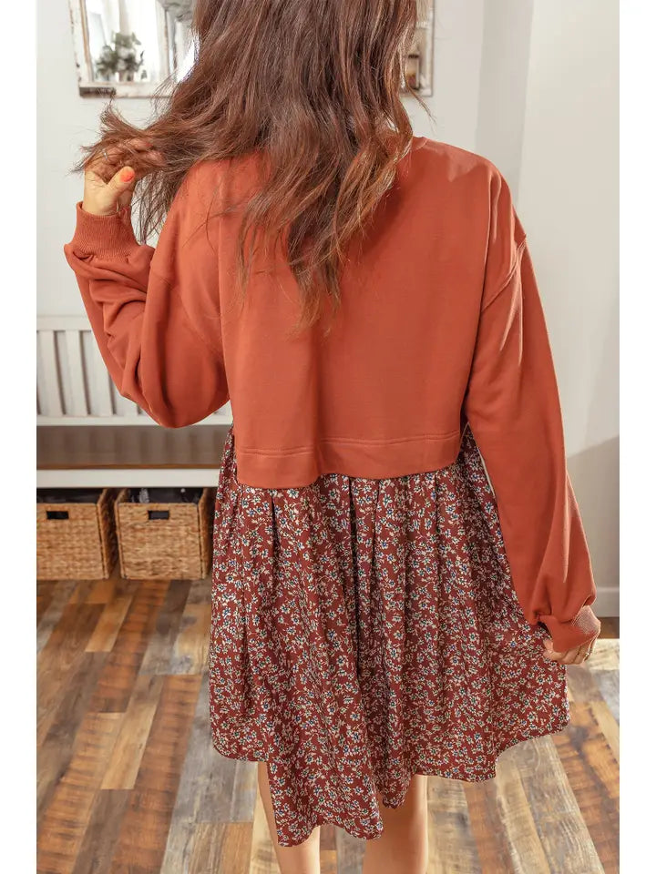 Long Sleeve Top Patchwork Floral Flared 2-in-1 Mini Dress