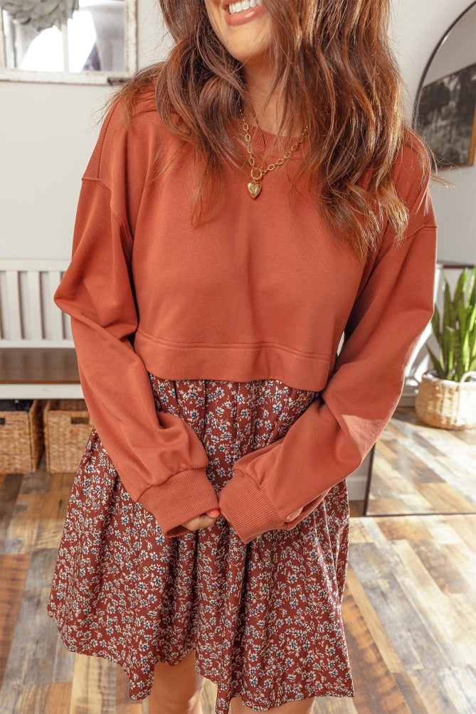 Long Sleeve Top Patchwork Floral Flared 2-in-1 Mini Dress