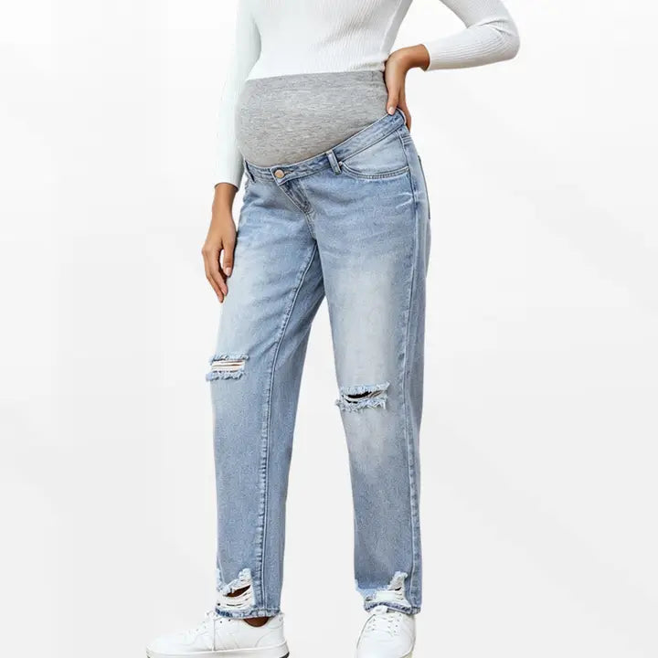 Maternity Distressed Straight Leg Jeans with Belly Panel