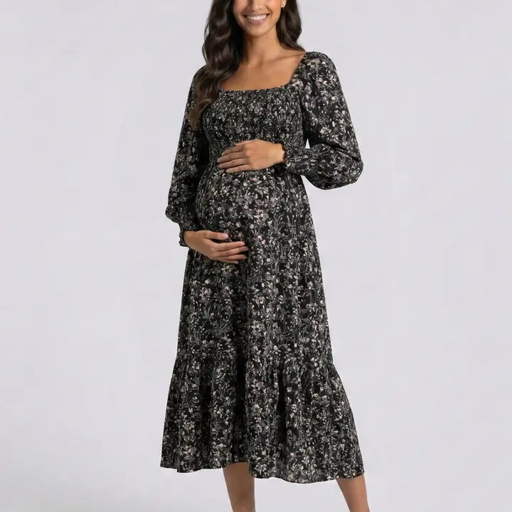 Maternity Floral Square Neck Midi Dress with Long Sleeves