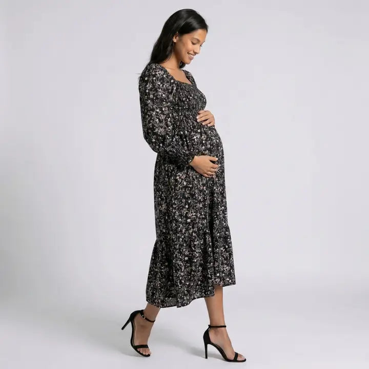 Maternity Floral Square Neck Midi Dress with Long Sleeves