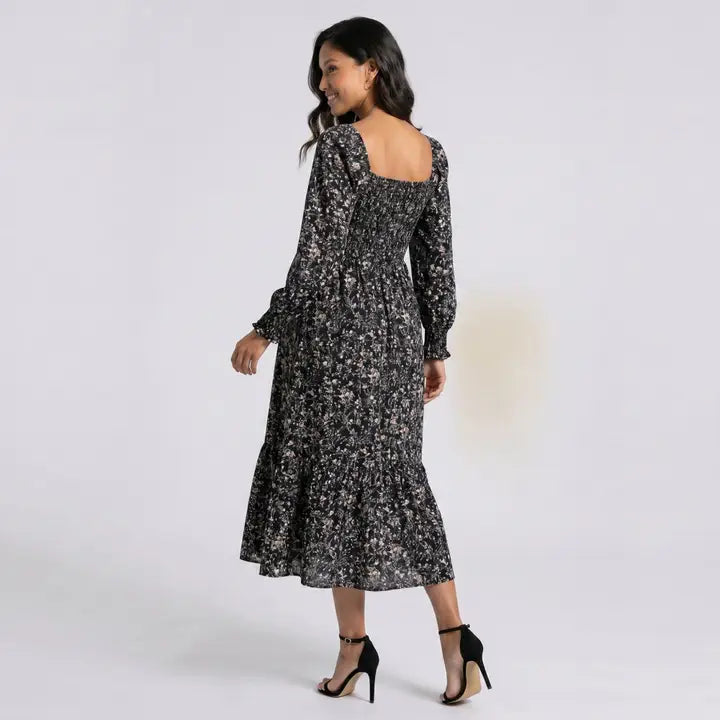 Maternity Floral Square Neck Midi Dress with Long Sleeves
