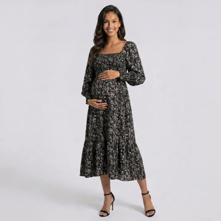 Maternity Floral Square Neck Midi Dress with Long Sleeves