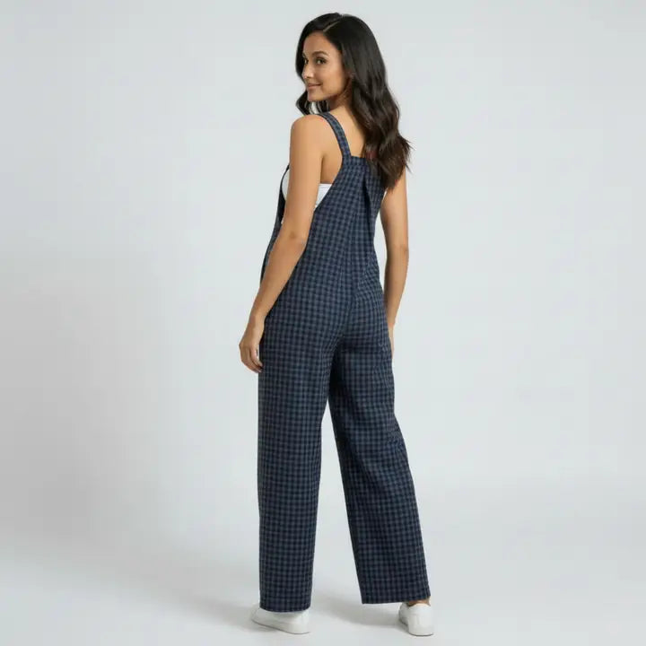 Maternity Gingham Wide Leg Jumpsuit with Adjustable Straps Square Neck Loose Fit Overalls