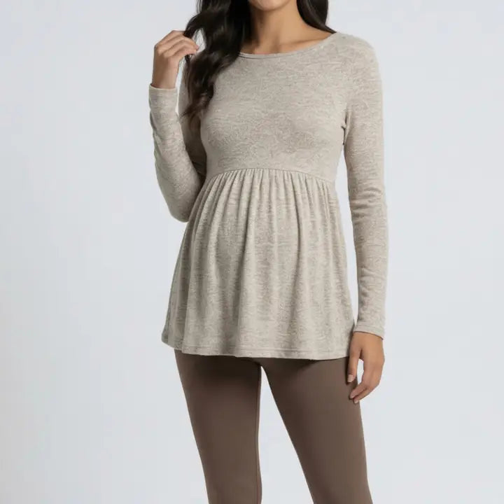 Maternity Long Sleeve Babydoll Tunic Top with Crew Neck Soft