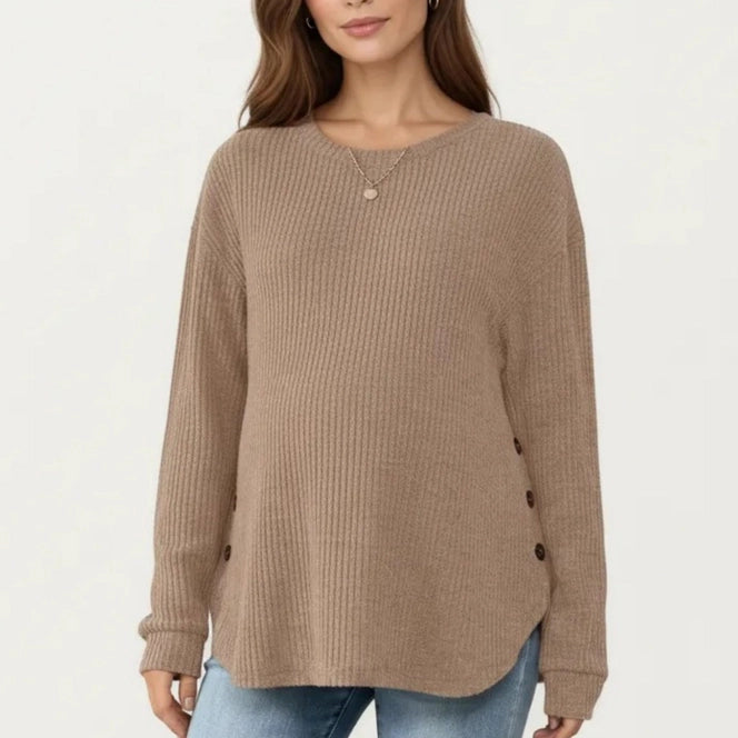 Maternity Long Sleeve Ribbed Knit Top with Crew Neck