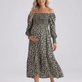 Maternity Off Shoulder Floral Midi Dress with Smocked Bodice and Tiered Hem
