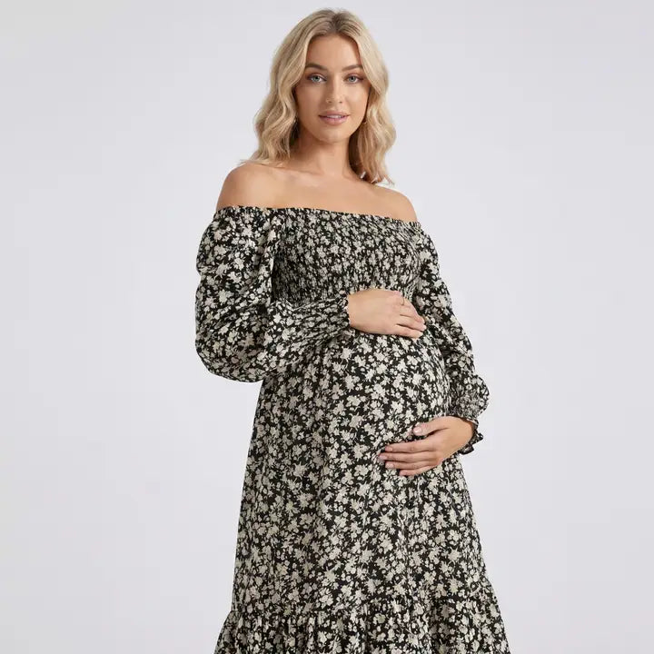 Maternity Off Shoulder Floral Midi Dress with Smocked Bodice and Tiered Hem