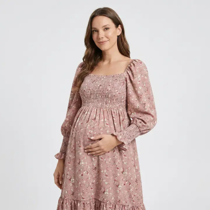 Maternity Off Shoulder Floral Midi Dress with Smocked Bodice and Tiered Hem