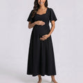 Maternity V Neck Midi Dress with Flutter Sleeves and Smocked