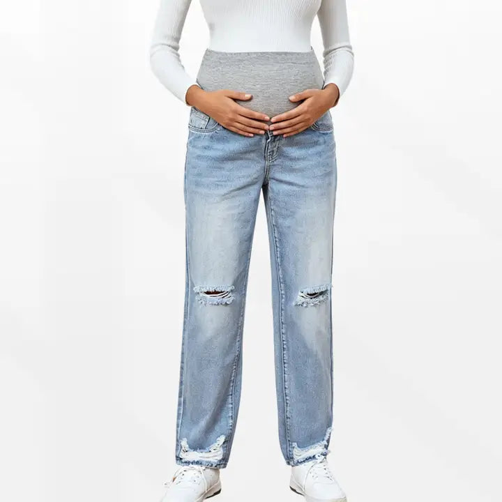 Maternity Distressed Straight Leg Jeans with Belly Panel