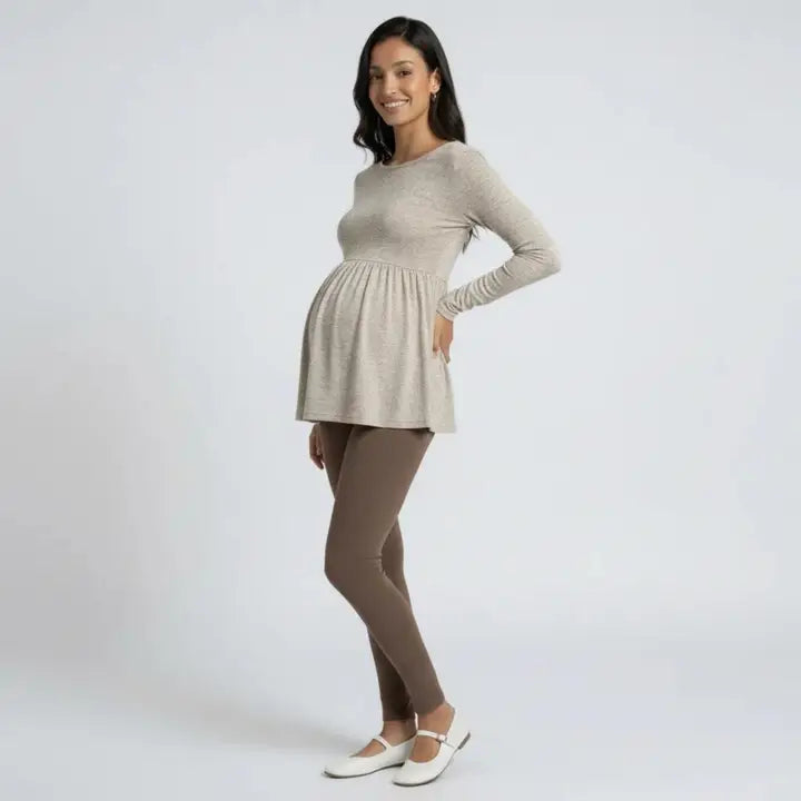 Maternity Long Sleeve Babydoll Tunic Top with Crew Neck Soft