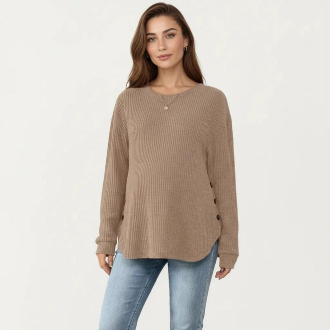 Maternity Long Sleeve Ribbed Knit Top with Crew Neck