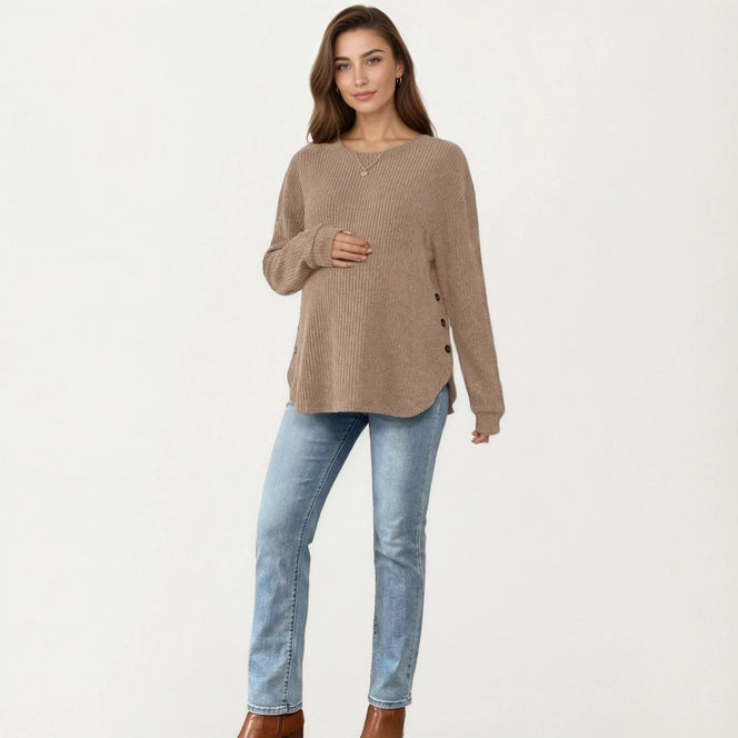 Maternity Long Sleeve Ribbed Knit Top with Crew Neck
