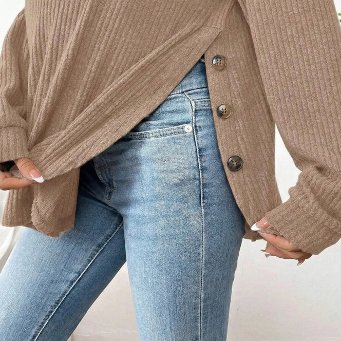 Maternity Long Sleeve Ribbed Knit Top with Crew Neck